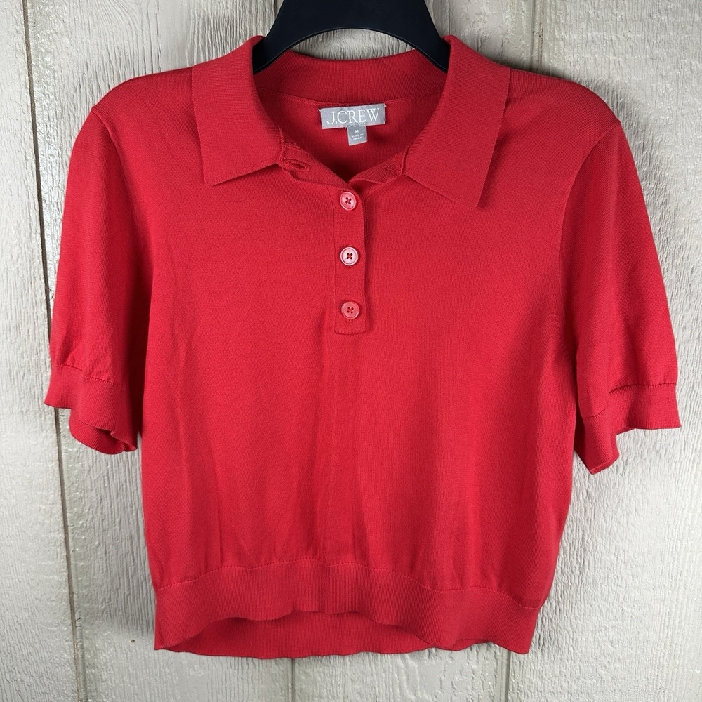 J.Crew Sweater Polo Women Medium Red Ultra-Fine Cotton Short Sleeve CG811